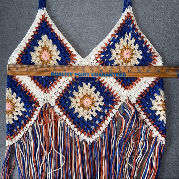 Rebellion Bohemian Hippie Crochet Fringe Dress - Blue, Orange, Cream Large - Picture 5 of 8